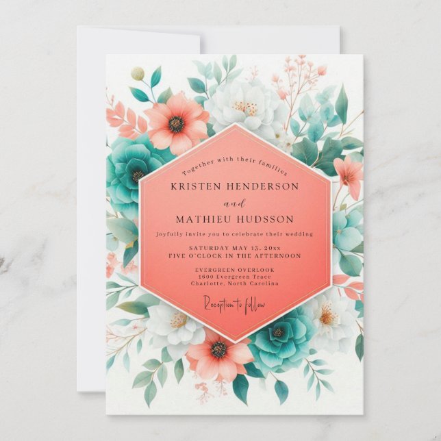 Convites Casamento Florido Vibrante Coral Turquesa (Frente)