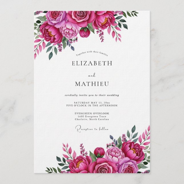 Convites Casamento Florido Vibrante Magenta (Frente)