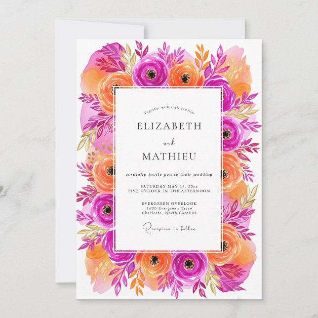 Convites Casamento Florido Vibrante Magenta (Frente)