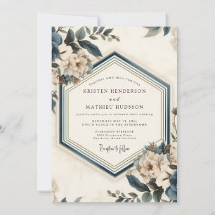 Convites Casamento Florido Vintage Azul Ardósia