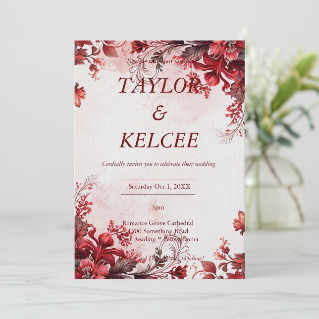 Convites Casamento FLORÍVEL PERSONALIZÁVEL Vermelho e Rosa (Em pé/Frente)