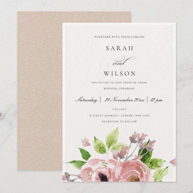 CONVITES CASAMENTO FLORORAL DE COR DE ÁGUA ROMÂNTICA PINTA  (Frente/Verso)