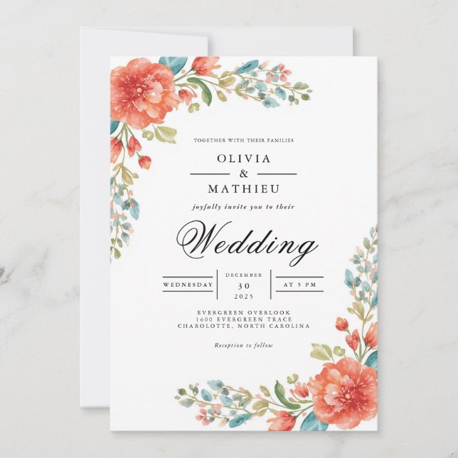 Convites Casamento Flourado de Coral Teal Bloom (Frente)