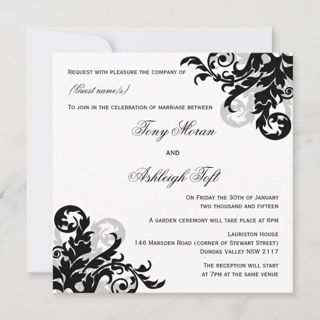 Convites Casamento Flourado Negro e Prateado (Frente)