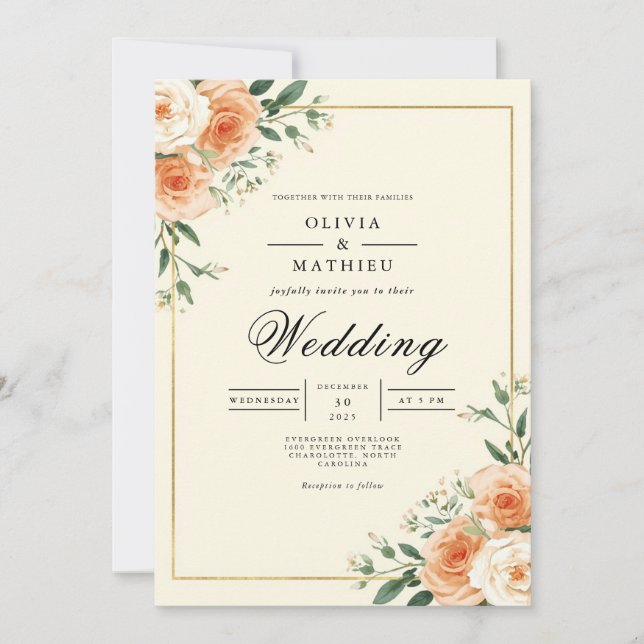 Convites Casamento Flourish do Cantinho de Apricot Bloom (Frente)