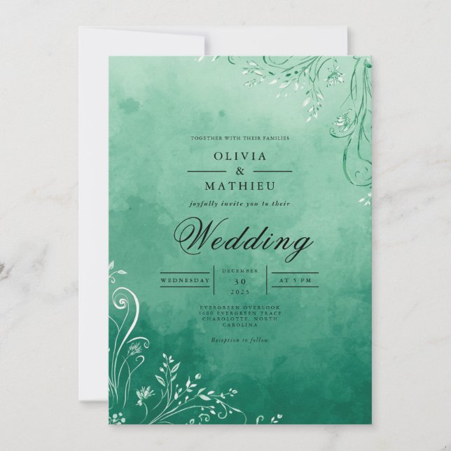 Convites Casamento Flourish Emerald Watercolor (Frente)
