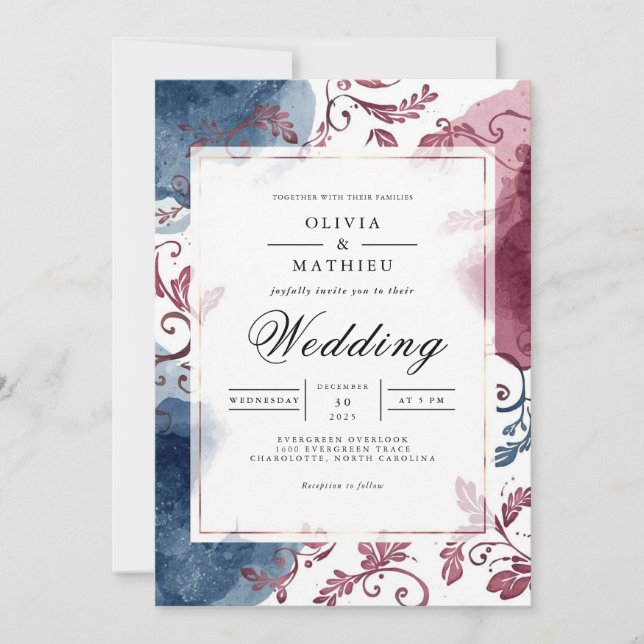 Convites Casamento Flourish Indigo Berry Floral (Frente)