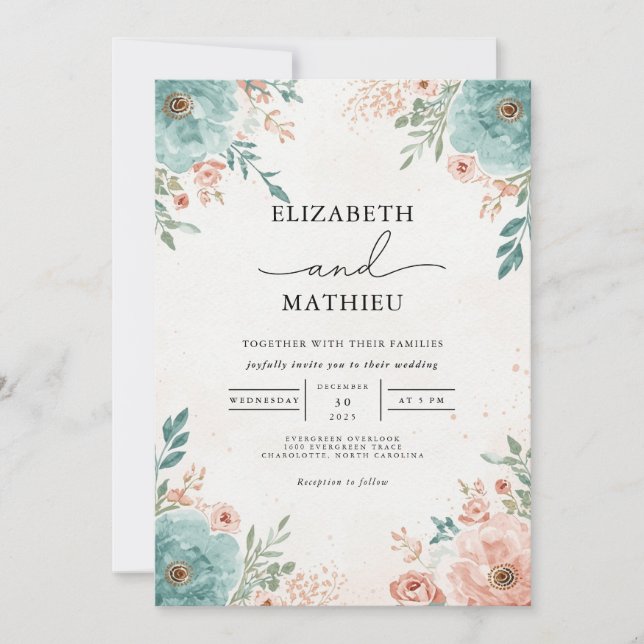 Convites Casamento Flourish Teal & Coral (Frente)