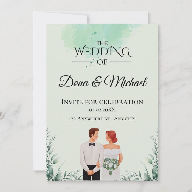 Convites Casamento fluído com aquarela verde personalizada (Frente)