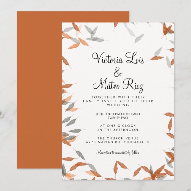 Convites Casamento Flutuante de Folhas Caindo Rústicas Verd (Frente/Verso)