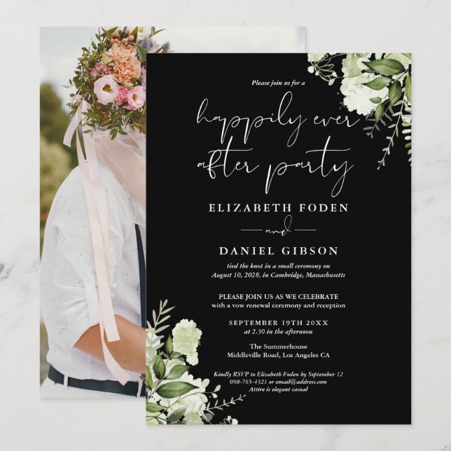 Convites Casamento Focado Greenery Happily Ever After Foto (Frente/Verso)