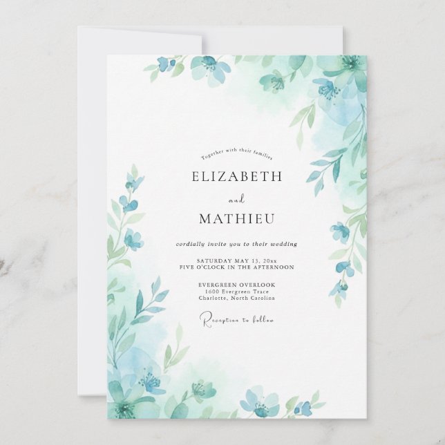 Convites Casamento Folha Aqua Seafoam (Frente)