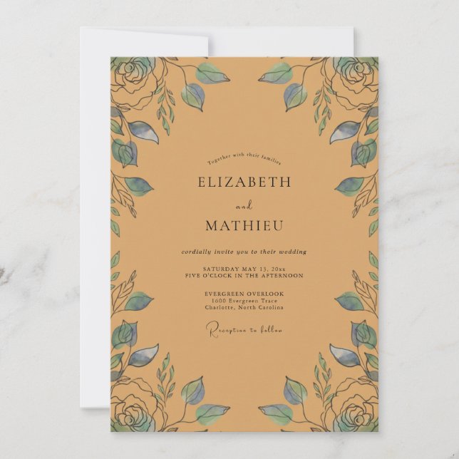 Convites Casamento Folha Azul Ocre (Frente)