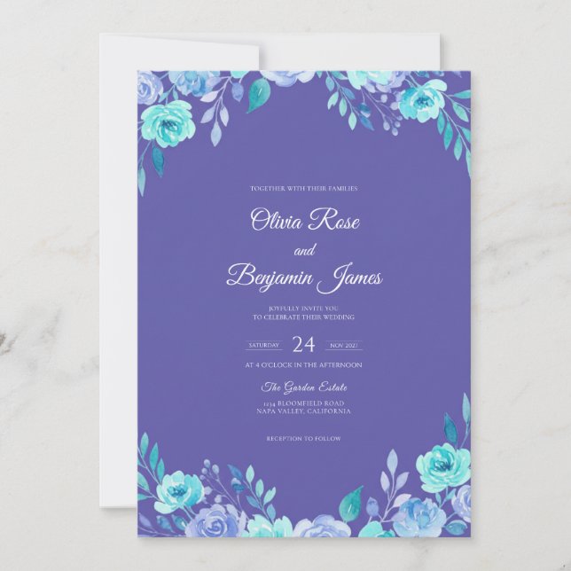 Convites Casamento Folha Azul Turquesa e Periwinkle (Frente)