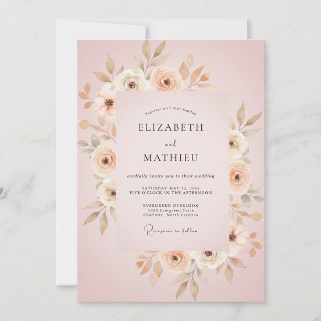 Convites Casamento Folha Bege Rosa (Frente)