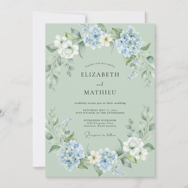 Convites Casamento Folha Cornflower Espuma do Mar (Frente)
