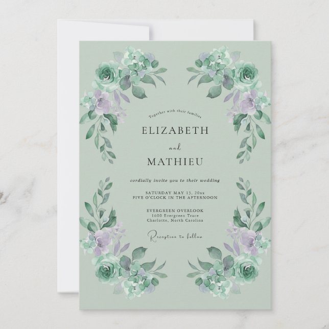 Convites Casamento Folha de Celadon Lilás (Frente)