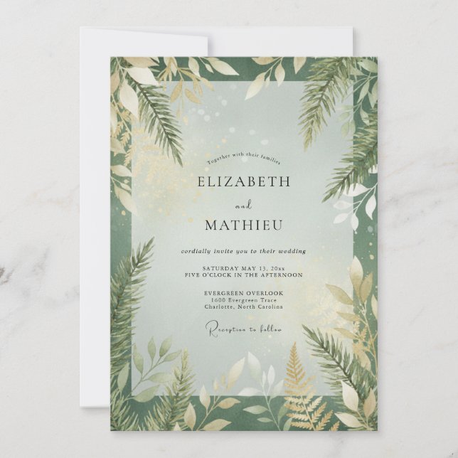 Convites Casamento Folha de Fern Olive Flor Silvestre (Frente)