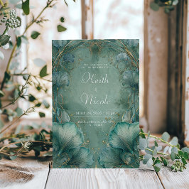 Convites Casamento Folha de Ginkgo em Ouro Seafoam Art Nouv