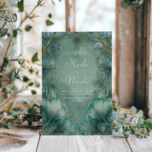 Convites Casamento Folha de Ginkgo em Ouro Seafoam Art Nouv