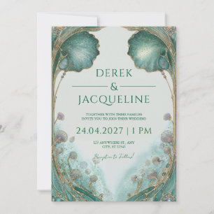 Convites Casamento Folha de Ginkgo em Teal e Dourado Art No