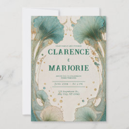 Convites Casamento Folha de Ginkgo em Teal e Dourado Art No