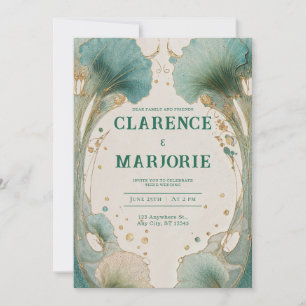 Convites Casamento Folha de Ginkgo em Teal e Dourado Art No