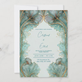 Convites Casamento Folha de Ginkgo em Teal e Dourado Art No