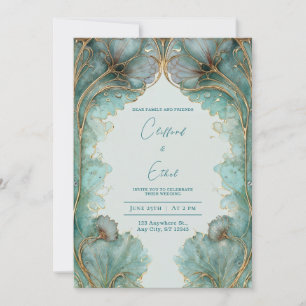 Convites Casamento Folha de Ginkgo em Teal e Dourado Art No