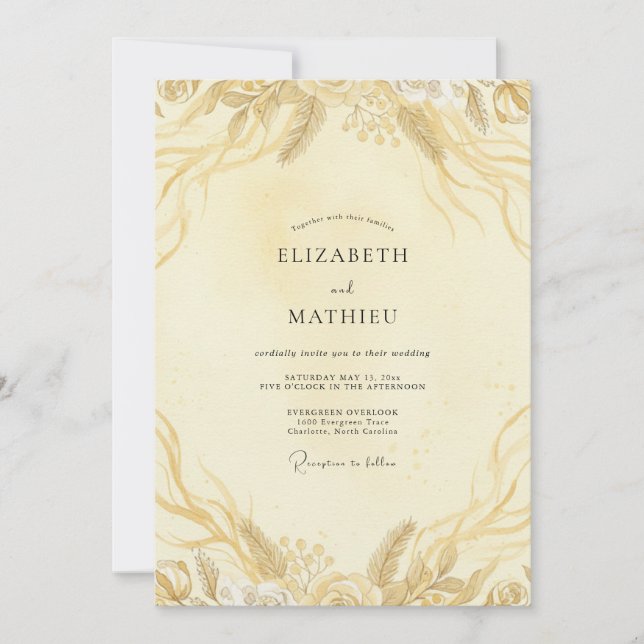 Convites Casamento Folha de Ouro Champagne (Frente)