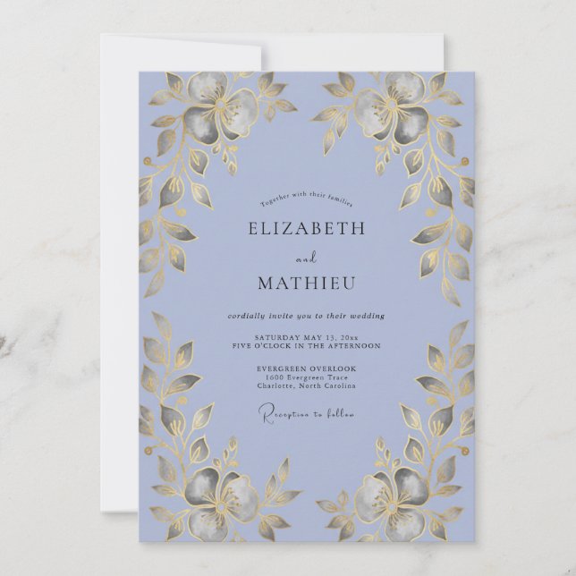 Convites Casamento Folha de Ouro Periwinkle (Frente)