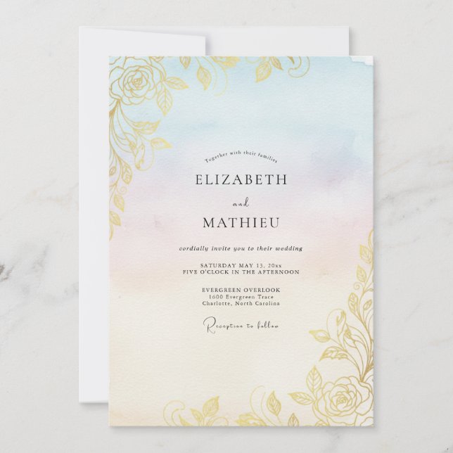 Convites Casamento Folha Dourada Champagne (Frente)