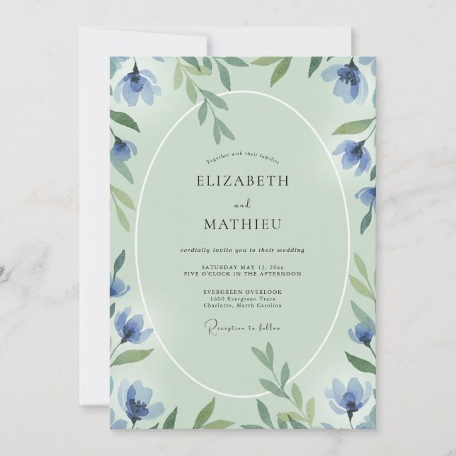Convites Casamento Folha Mint Cornflower Silvestre (Frente)