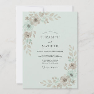 Convites Casamento Folha Pintada em Verde-Menta e Taupe