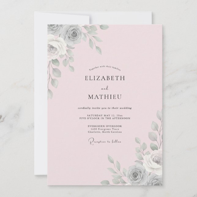 Convites Casamento Folha Prata Blush (Frente)