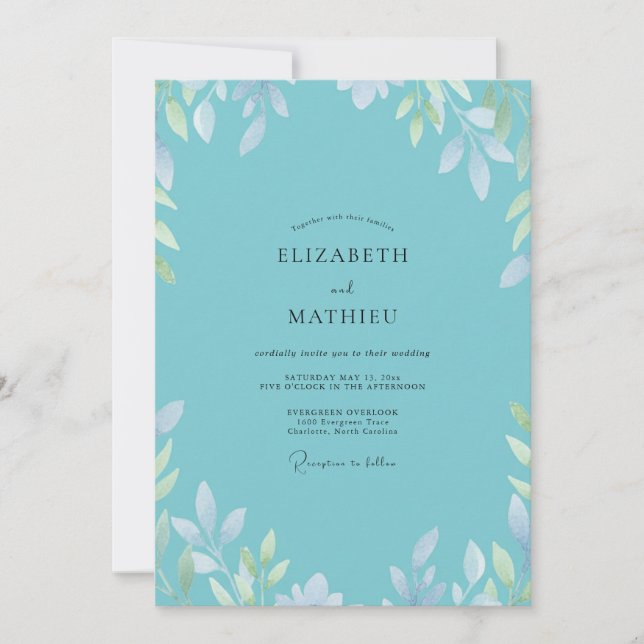 Convites Casamento Folha Prateada Aqua (Frente)