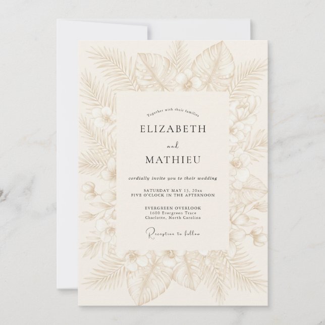 Convites Casamento Folha Tropical Champanhe (Frente)