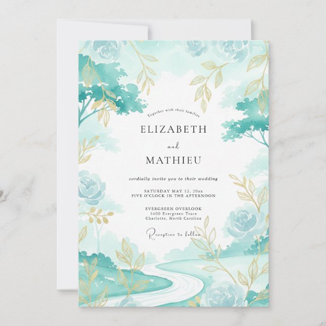 Convites Casamento Folhado Aqua Gold (Frente)