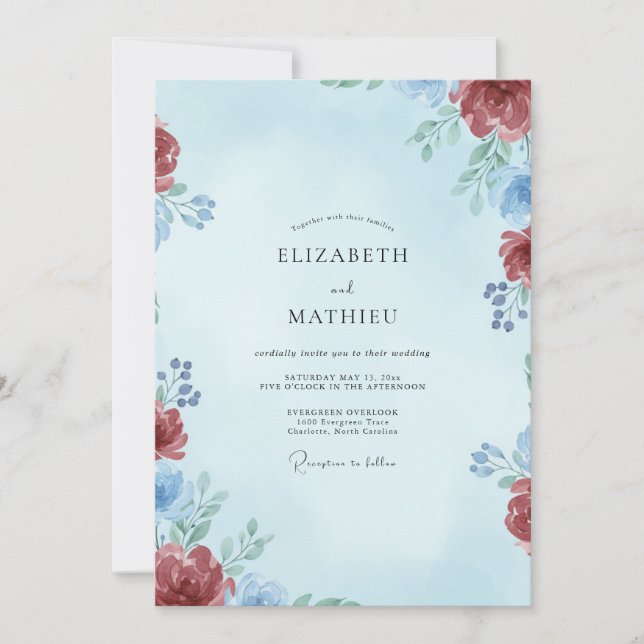 Convites Casamento Folhado Azul Carmesim (Frente)