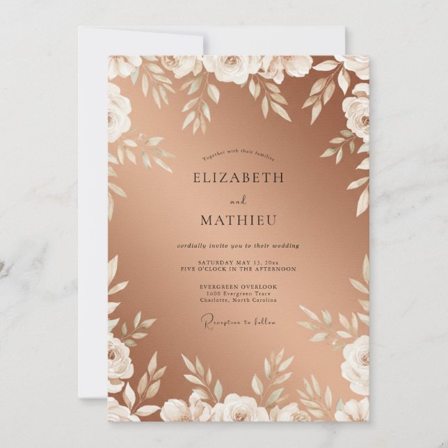Convites Casamento Folhado Branco Cobre (Frente)