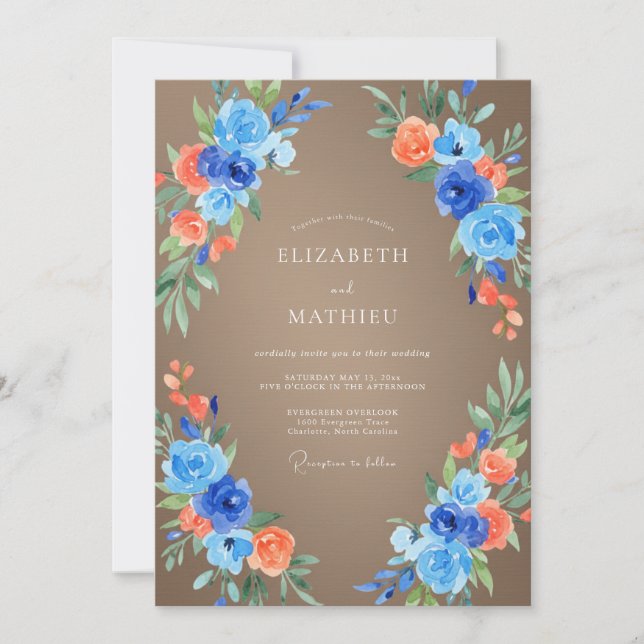 Convites Casamento Folhado de Coral Azul (Frente)