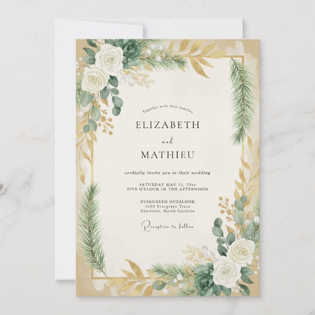 Convites Casamento Folhado de Oliva Sage Dourado (Frente)