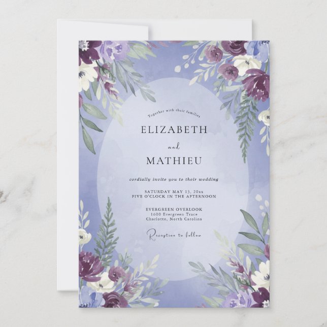Convites Casamento Folhado de Plumagem Violeta (Frente)