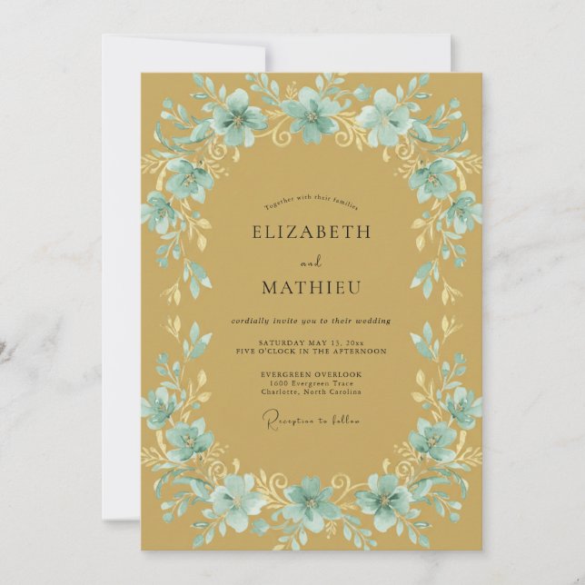 Convites Casamento Folhado Dourado Aqua (Frente)