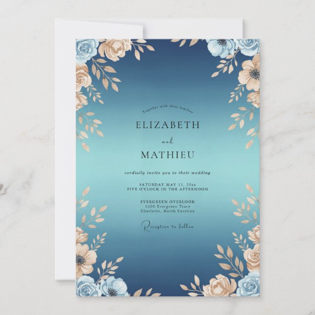 Convites Casamento Folhado Dourado Índigo (Frente)