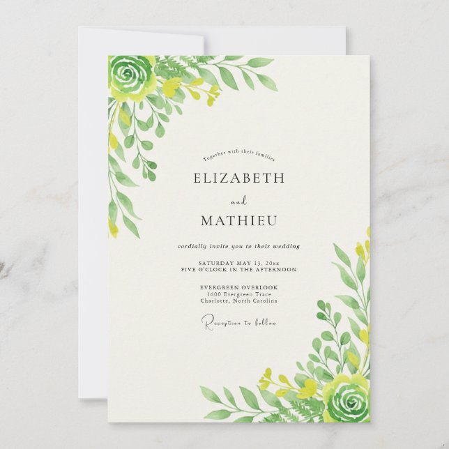 Convites Casamento Folhagem Amarela Chartreuse (Frente)