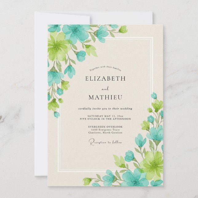 Convites Casamento Folhagem Aqua Chartreuse (Frente)