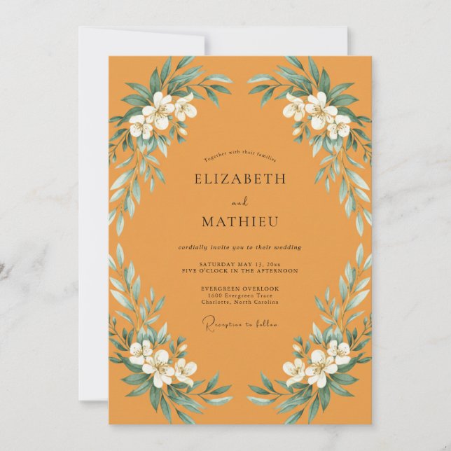 Convites Casamento Folhagem Aquarela Mostarda (Frente)