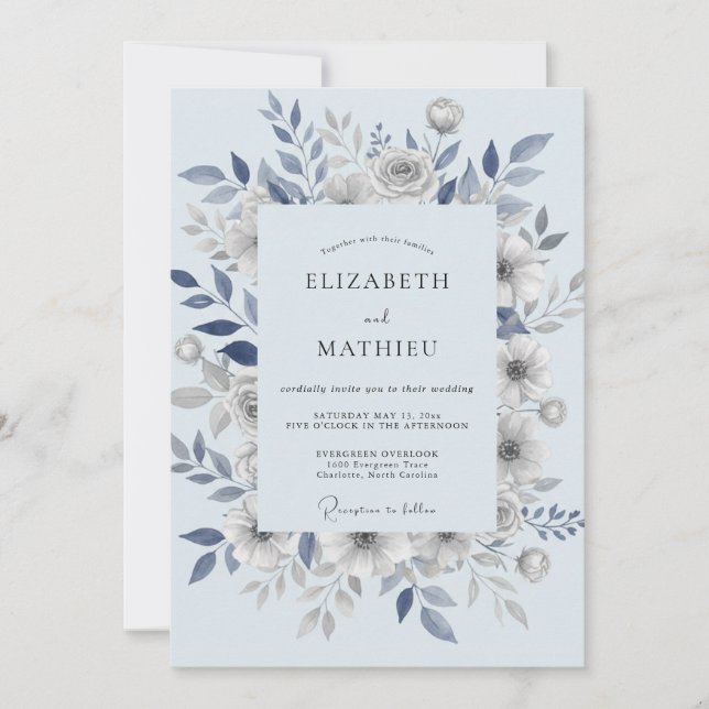 Convites Casamento Folhagem Azul Aço (Frente)