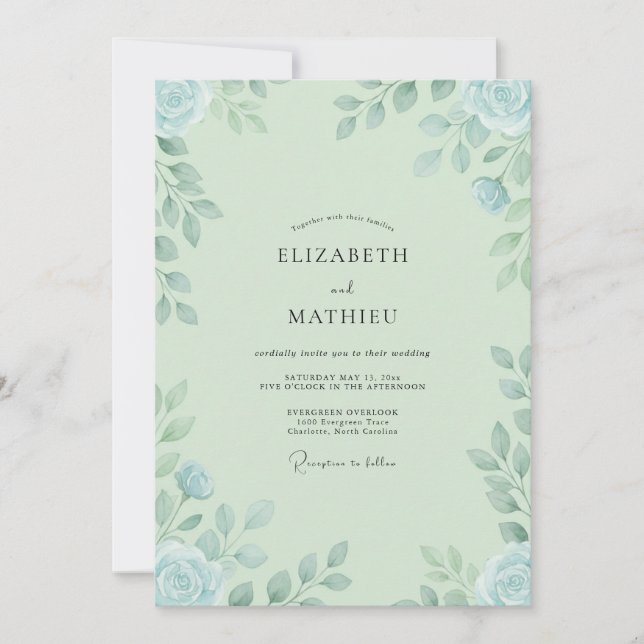 Convites Casamento Folhagem Azul Céu Hortelã (Frente)